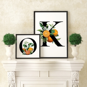 Custom Floral Monogram, Printable Orange Citrus Floral Personalized Name Letter, Vintage Citrus Fruit Family Monogram Font Wall Decor