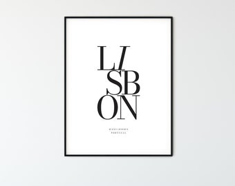 LISBON City Name Typography Poster with Map Coordinates, Minimalist Printable Wall Art, Aesthetic Room Decor for Digital Download