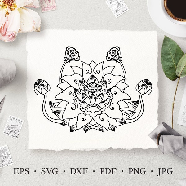 Lotus SVG, Lotus Flower Line Art, Lotus Vector Clip Art, Floral Laser Cut Files, Digital Download, Commercial License