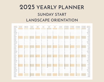 2025 Yearly Wall Landscape Planner Sunday Start, Printable 12 Month Horizontal Calendar, Minimalist Customized Template, Commercial License