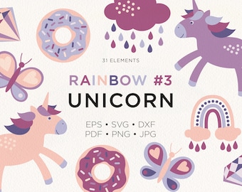 Rainbow Unicorn SVG Clipart #3, Magical Baby Shower, Nursery Vector Decor, Neutral Boho Rainbow Stickers, Commercial License