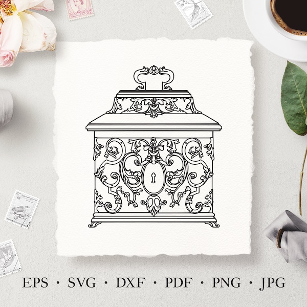 Casket Box SVG, Jewel Case Digital Line Art Illustration, Ornate Casket Laser Cut Files, Commercial License Clip Art