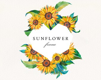 Sunflower Frame #07 PNG, Watercolor Botanical Greenery Frame, Floral Wedding Invitation Wreath, Digital Download Clipart, Commercial License