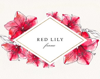 Red Flower Watercolor Frame #01 PNG, Floral Wedding Invitation, Digital Download Red Lily Wreath, Free Commercial License