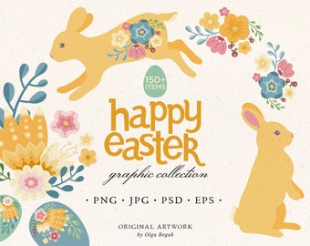 Easter Floral Bunnies and Arrangements Clipart, Easter Rabbit Decor PNG, Flower Bouquets, Digital Download Spring Decoration Clip Art