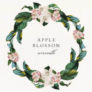 Apple Blossom Wreath PNG, moldura de flores e folhagens, clipart botânico vintage, convite de casamento, download digital, licença comercial