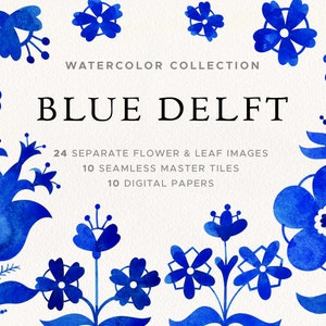 Imágenes prediseñadas de acuarela azul de Delft, imágenes prediseñadas de flores holandesas con elementos, arreglos, patrones sin costuras, adorno de porcelana holandesa