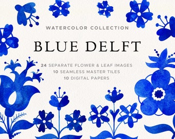 Blue Delft Watercolor Clipart, Dutch Flowers Clipart with Elements, Arrangements, Seamless Patterns, Holland Porcelain Ornament