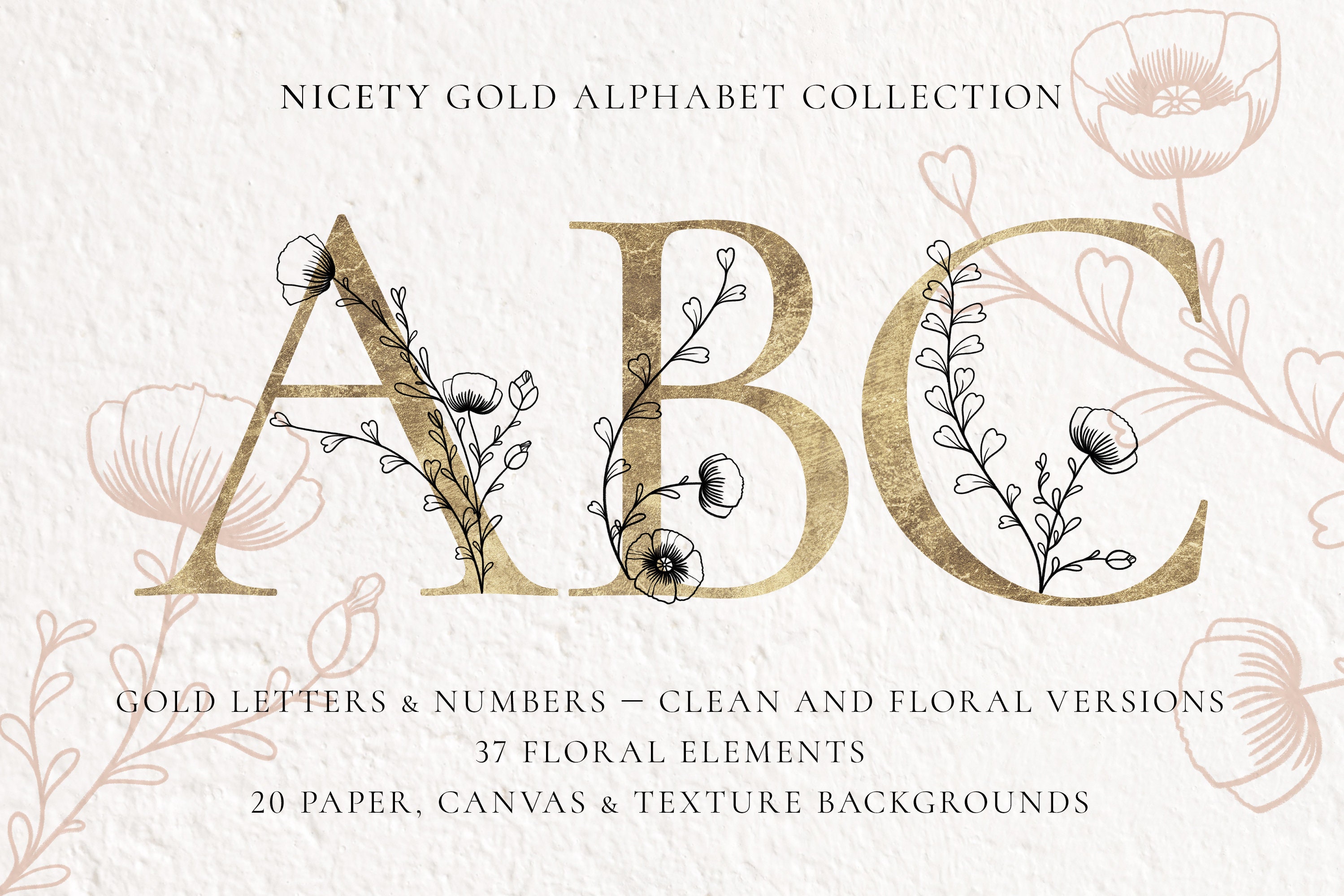 Gouden afbeeldingenset botanische alfabet: letters met bloemmotieven en  gestructureerde achtergronden (digitale download) - Etsy België, image size:2998x2000