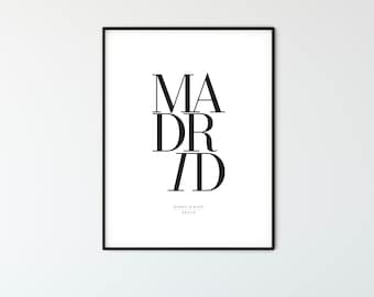 MADRID City Name Typography Poster with Map Coordinates, Minimalist Printable Wall Art, Aesthetic Room Decor for Digital Download