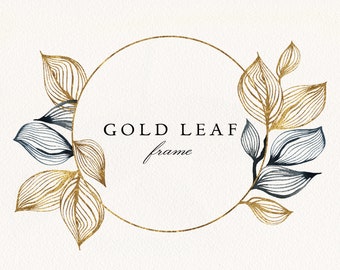 Gold Leaf Oval Frame #02 PNG, Watercolor Floral Frame, Minimalist Wedding Invitation, Commercial License