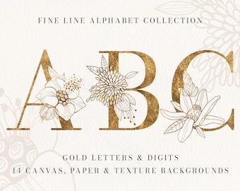Alphabet doré floral FINE LINE, police de monogramme de mariage, lettres et chiffres floraux, fond de papier numérique