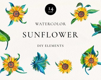 Sunflower PNG Clip Art, Watercolor Sunflowers Painting, Summer Botanical Clipart, Digital Floral DIY Elements, Digital Download