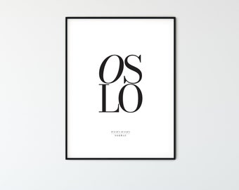 OSLO City Name Typography Poster with Map Coordinates, Minimalist Printable Wall Art, Aesthetic Room Decor for Digital Download