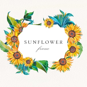 Watercolor Sunflower Wreath Frame: Floral Wedding Invitation Clipart (PNG)