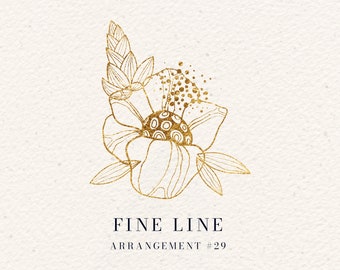 FINE LINE Gold Floral Arrangement #29, Gold Line Art Flowers, DIY Feminine Logo Clip Art, Digital Download, Commercial License