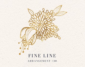 FINE LINE Gold Floral Arrangement #30, Gold Line Art Flowers, DIY Feminine Logo Clip Art, Digital Download, Commercial License