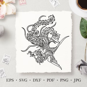 Fichiers de coupe Phoenix SVG, Phoenix Line Art Vector Illustration, Phoenix créatures mythiques Clipart, licence commerciale
