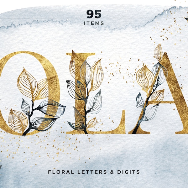 OLA Floral Gold Alphabet Clipart, Monogram Font, Gold Floral Letters and Numbers, Wedding Invitation Watercolor and Gold Foil Backgrounds