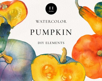 Watercolor Pumpkins PNG, Handdrawn Veggie Clipart PNG, Handmade Fall Painting