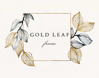 Gold Leaf Square Frame #09 PNG, Watercolor Floral Frame, Minimalist Wedding Invitation, Digital Download, Commercial License