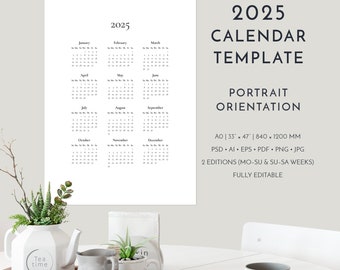 2025 Calendar Template, Large Printable 12 Month Wall Calendar, Fully Editable Customizable Yearly Calendar, Free Commercial License