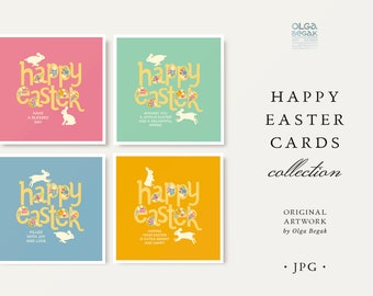 Happy Easter Greeting Cards with Floral Lettering and Bunnies, Premade Printable Spring Holiday Cards, Digital Download