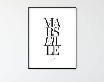 MARSEILLE City Name Typography Poster, Minimalist Printable France Wall Art, Aesthetic Room Decor for Digital Download