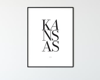 KANSAS City Name Typography Poster, Minimalist Printable Wall Art, Aesthetic Room Decor for Digital Download