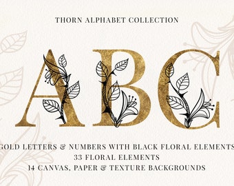 THORN Floral Gold Alphabet Clipart, Wedding Monogram Font, Golden Floral Letters and Numbers, Digital Paper Texture Background