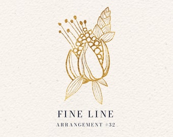 FINE LINE Gold Floral Arrangement #32, Gold Line Art Flowers, DIY Feminine Logo Clip Art, Digital Download, Commercial License