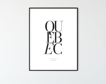 QUEBEC City Name Typography Poster with Map Coordinates, Minimalist Printable Wall Art, Aesthetic Room Decor for Digital Download