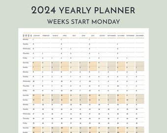 2024 Yearly Wall Planner Monday Start, Printable 12 Month Vertical Calendar, Minimalist Customized Template, Commercial License