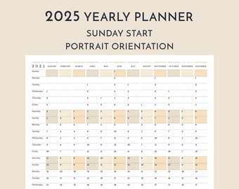 2025 Yearly Wall Portrait Planner Sunday Start, Printable 12 Month Vertical Calendar, Minimalist Customized Template, Commercial License