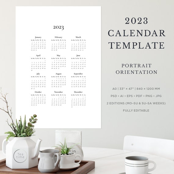 2023 calendar template large printable 12 month wall etsy