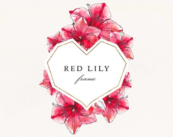 Red Lily Watercolor Gold Heart Frame #07 PNG, Floral Wedding Invitation Arrangement, Commercial License