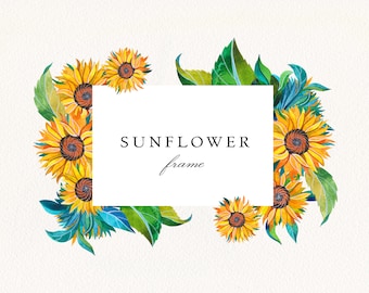 Sunflower Frame #09 PNG, Watercolor Botanical Greenery Frame, Floral Wedding Invitation Wreath, Digital Frame Clipart, Commercial License