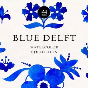 Imágenes prediseñadas de acuarela azul de Delft, adornos de cerámica holandeses, imágenes prediseñadas de flores PNG, descarga digital