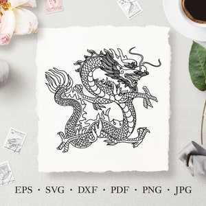Dragon SVG, Chinese Dragon Digital Line Art Illustration, Dragon Laser Cut Files, Commercial License Clip Art