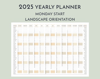 2025 Yearly Wall Landscape Planner Monday Start, Printable 12 Month Horizontal Calendar, Minimalist Customized Template, Commercial License