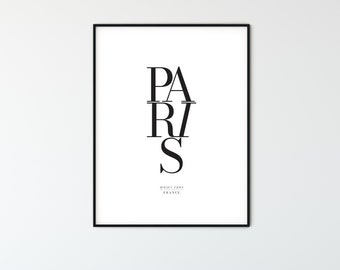 PARIS City Name Typography Poster with Map Coordinates, Minimalist Printable Wall Art, Aesthetic Room Decor for Digital Download