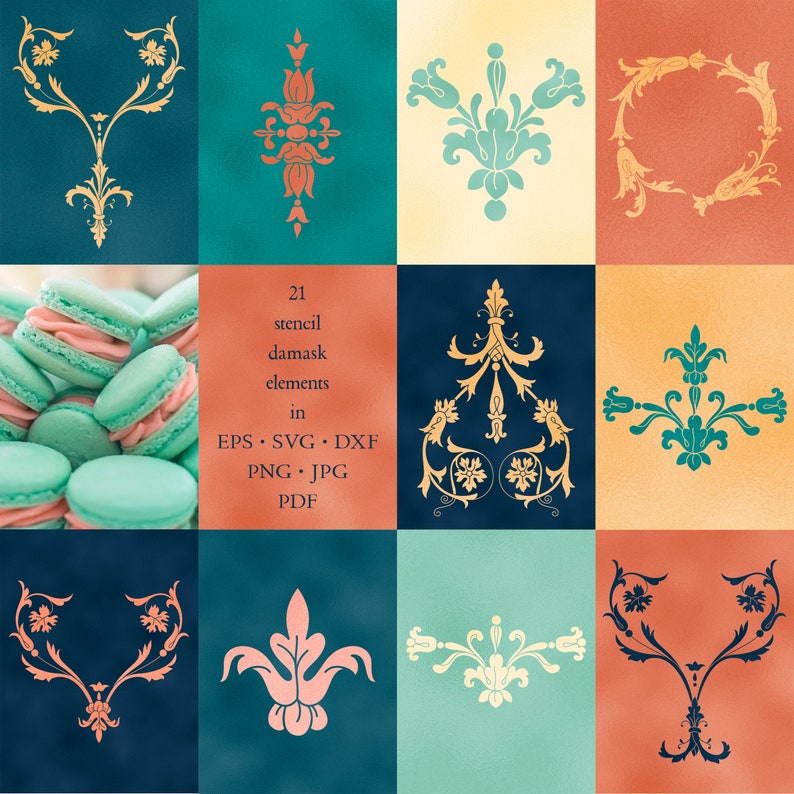 Damask Clipart, Damask Stencil, Seamless Pattern, Wallpaper, Baroque Ornament Elements, Damask Foil Background image 4