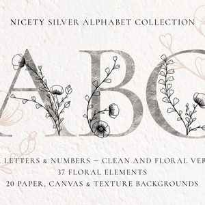 NICETY Flower Silver Alphabet, Wedding Monogram Font with Floral Arrangements, Botanical Letters and Numbers, Digital Paper Background