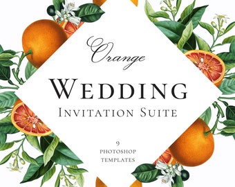 Orange Citrus Wedding Template Bundle, Vintage Citrus Wedding Invitation, Printable Stationery Set, Photoshop Templates Instant Download