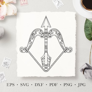 Bow and Arrow SVG, Vector Line Art Illustration, Bow Laser Cut Files, Commercial License
