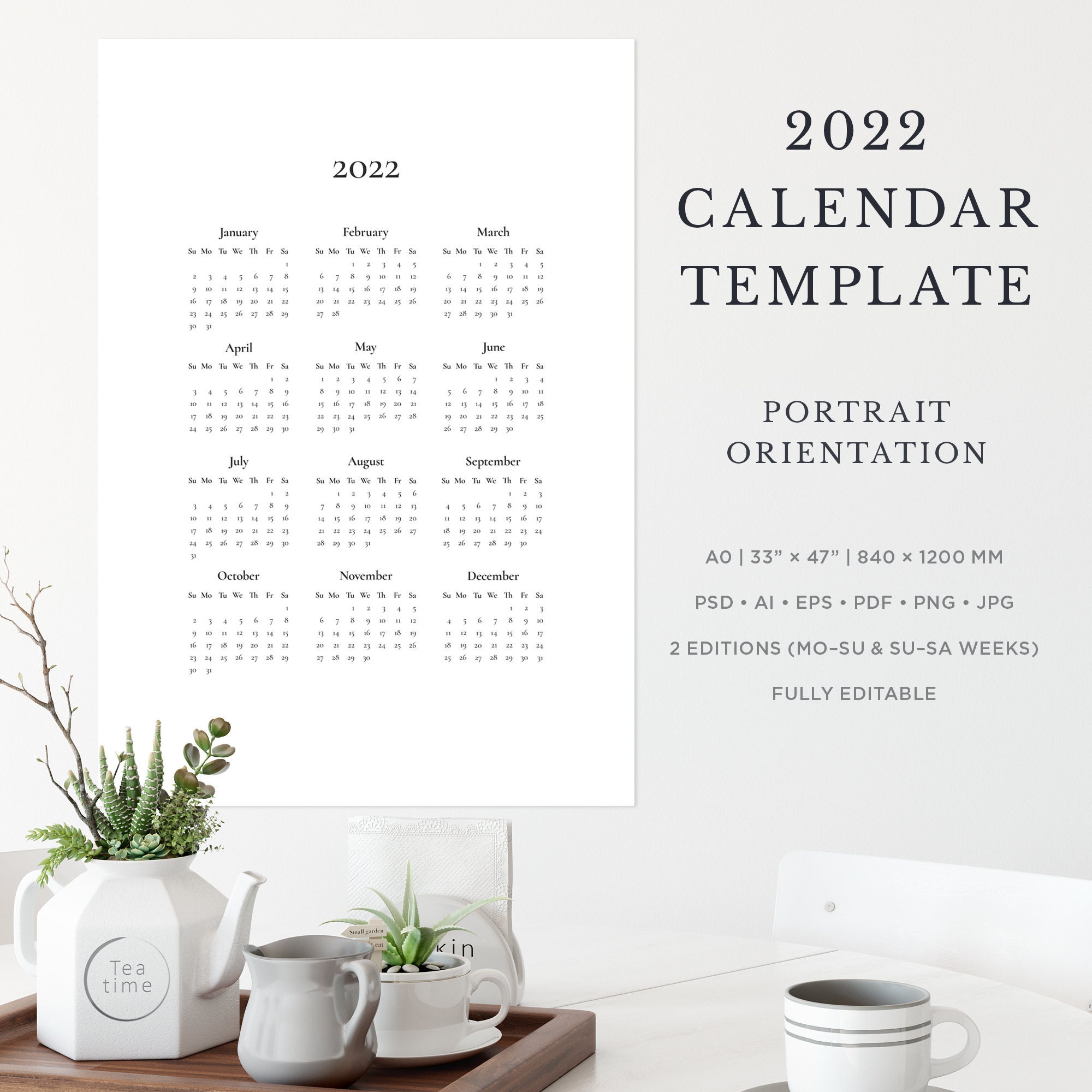 2022 calendar template large printable 12 month wall etsy
