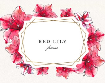 Red Lily Watercolor Gold Frame PNG, Floral Wedding Invitation, Digital Download Botanical Clip Art, Commercial License #06