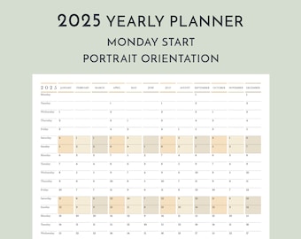 2025 Yearly Wall Portrait Planner Monday Start, Printable 12 Month Vertical Calendar, Minimalist Customized Template, Commercial License