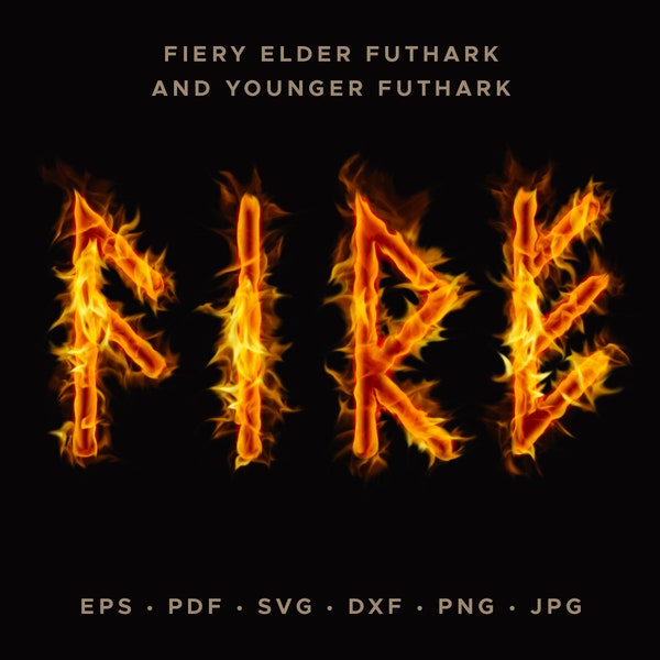 Fiery Viking Runic Alphabet Clipart, Elder and Younger Futhark Letters PNG, Burning Runic Font, Blazing Celtic Runes Digital Download