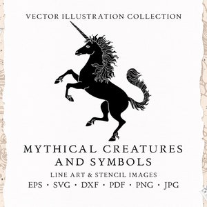 Mythische Kreaturen SVG-Bundle: Einhorn, chinesischer Drache, Phönix, Pegasus Laser geschnittene Dateien, handgezeichnete Linienkunst, DIY-Logo, Tattoo-Designs